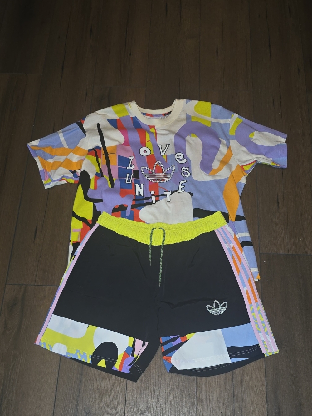 adidas Multicolor Graphic Tee and Black Shorts with Neon Yellow Waistband